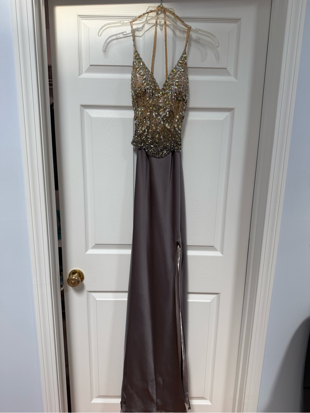 Johnathan Kayne Gold Sequin Halter Bodice with Taupe Satin Skirt
